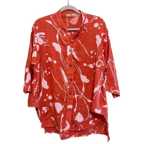 Lands Downunder 100% Linen Button Up Tunic Top Womens Medium Abstract  Artsy - Picture 1 of 9